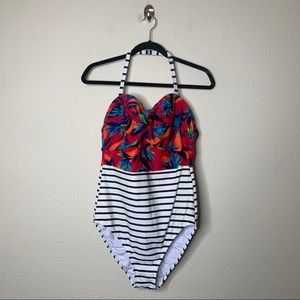 Figleaves Floral Striped Halter One Piece Swimsuit